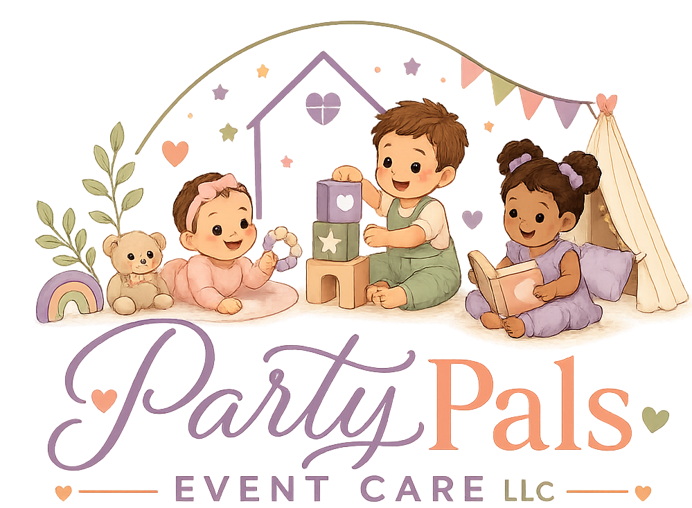 Party Pals Event Childcare — illustrated logo with children playing